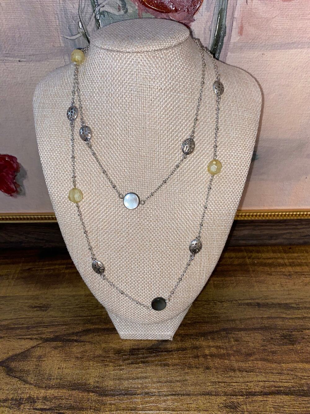 Brighton Long Station Necklace Silver Tone Gray Yellow Beads
